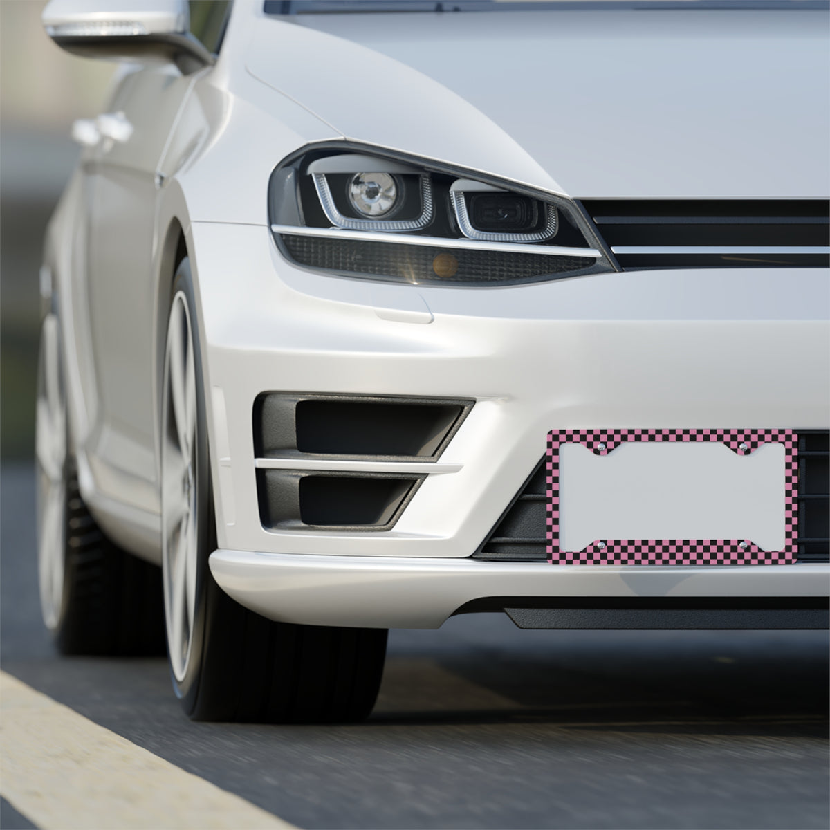 Black & Pink Checkered Metal License Plate Frame