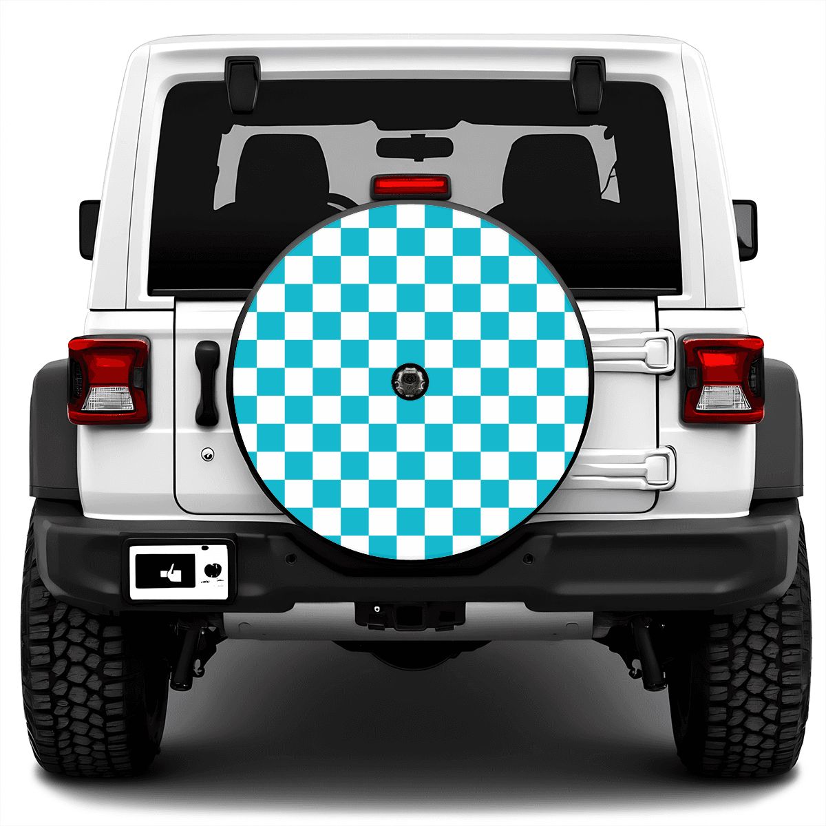 White & Blue Checkered Spare Tire Cover with Camera Hole