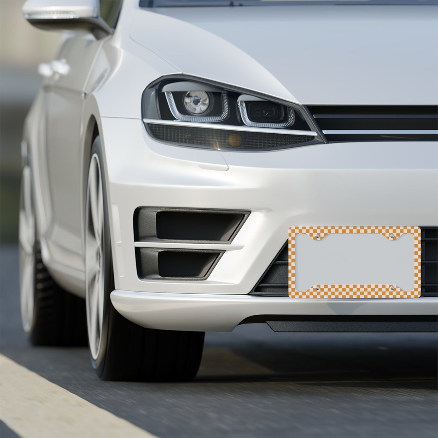 White & Orange Checkered Metal License Plate Frame