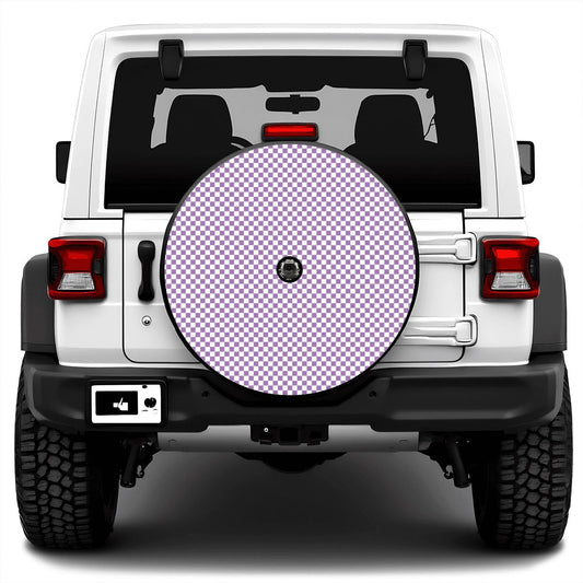 White & Purple Mini Checkered Spare Tire Cover with Camera Hole