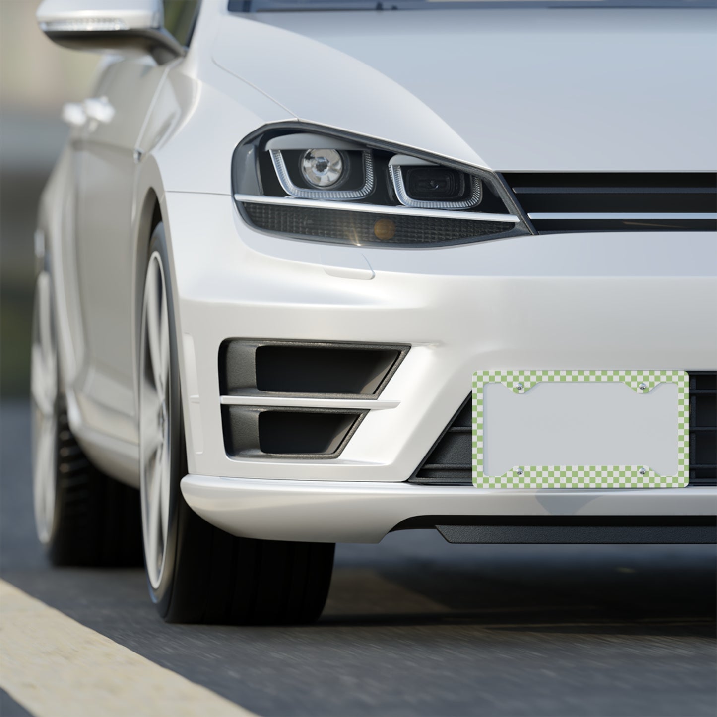 White & Green Checkered Metal License Plate Frame