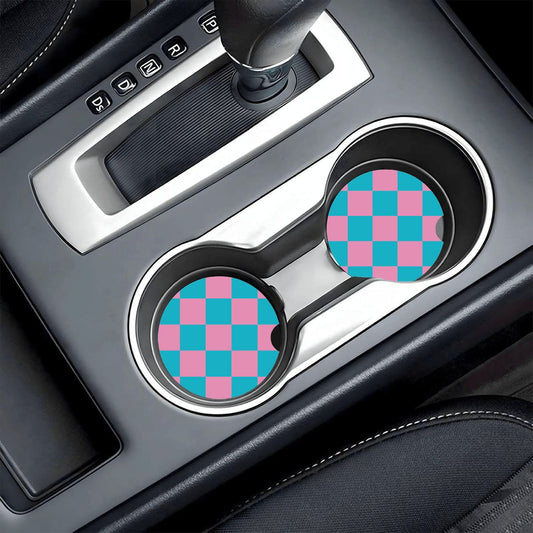 Pink & Blue Checkered Ceramic Coasters - Set of 2
