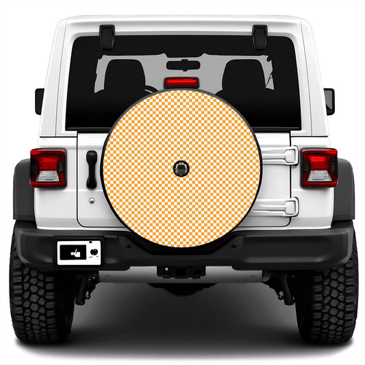 White & Orange Mini Checkered Spare Tire Cover with Camera Hole