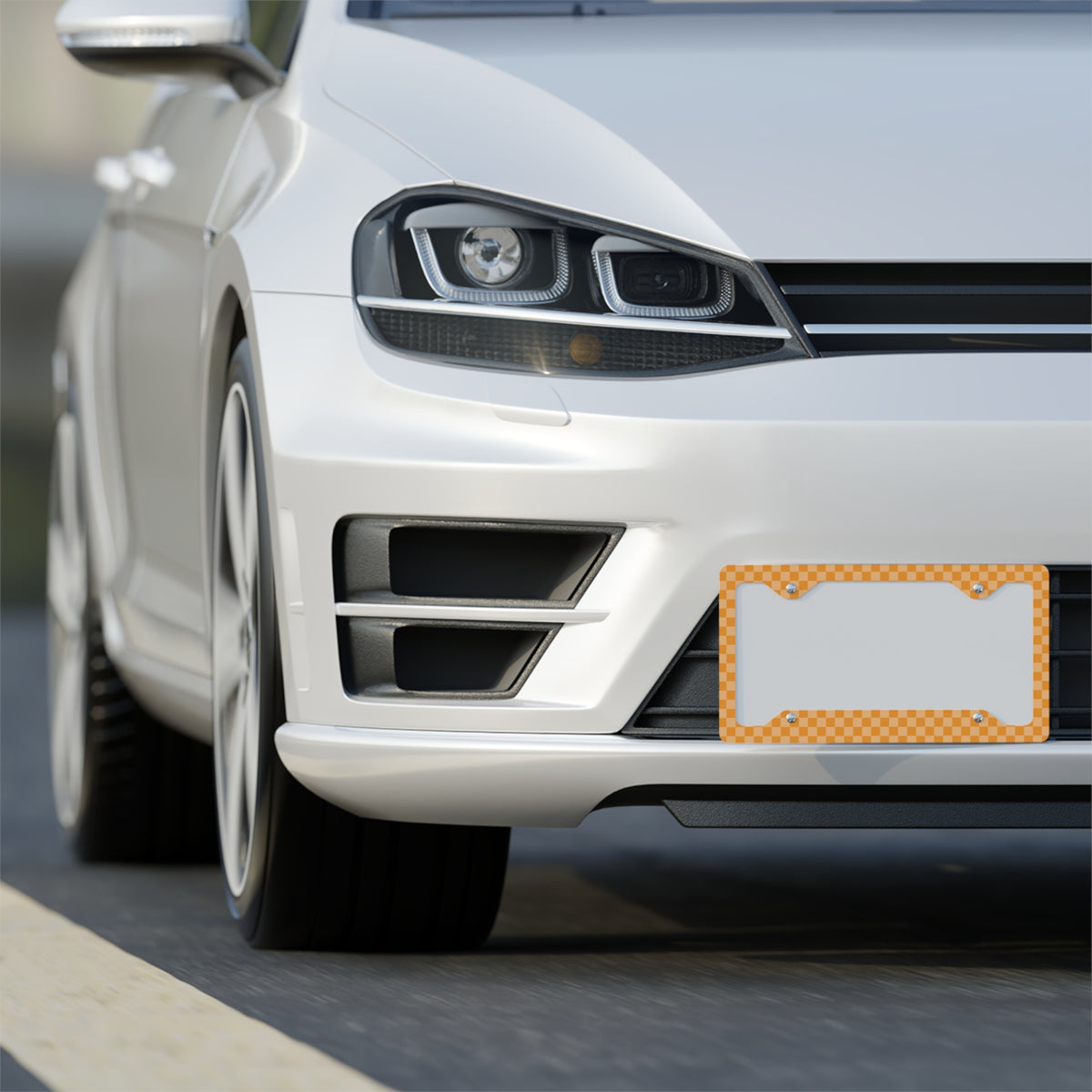 Orange Checkered Metal License Plate Frame