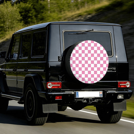 White & Pink Checkered Spare Tire Cover