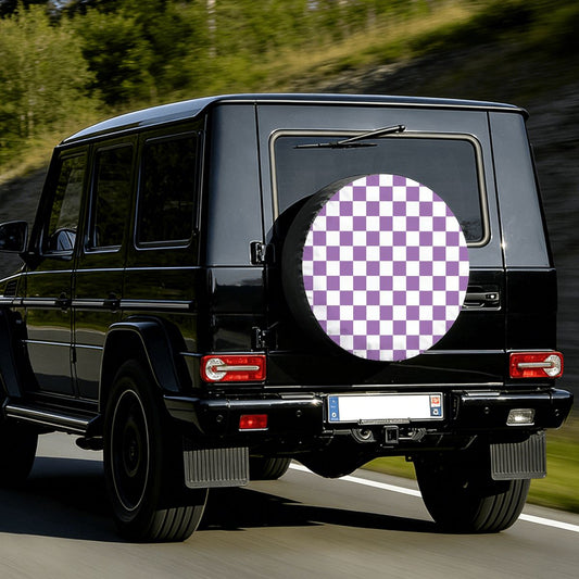 White & Purple Checkered Spare Tire Cover