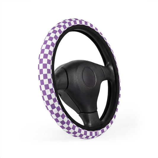 White & Purple Checkered Steering Wheel Cover