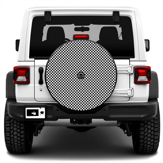 Black & White Mini Checkered Spare Tire Cover with Camera Hole