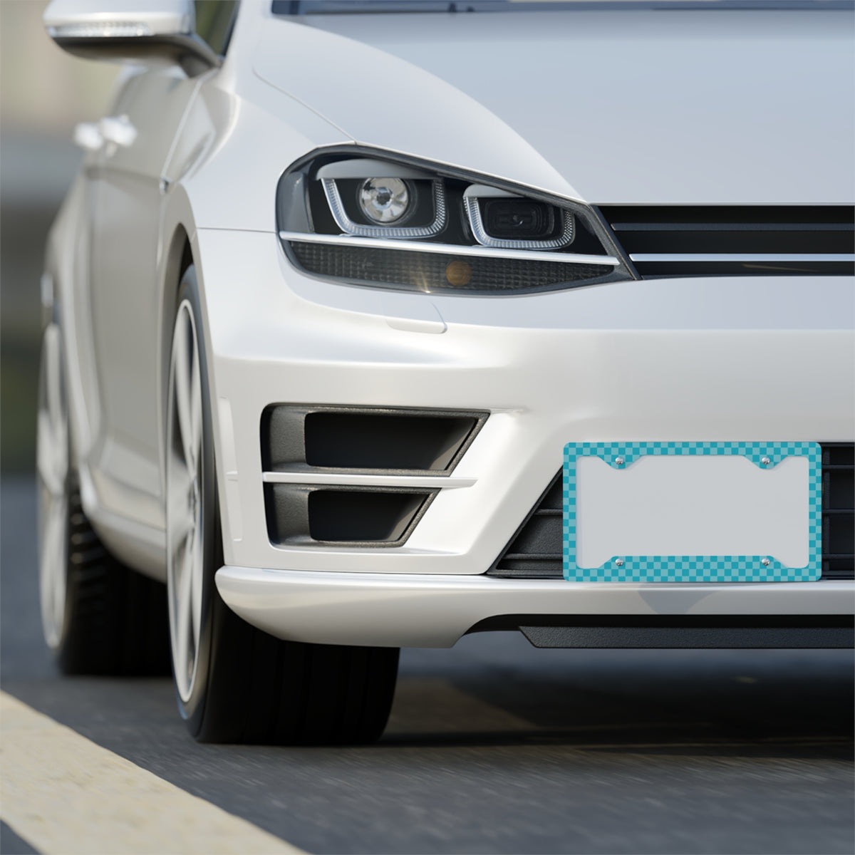 Blue Checkered Metal License Plate Frame