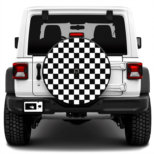 Black & White Checkered Spare Tire Cover with Camera Hole