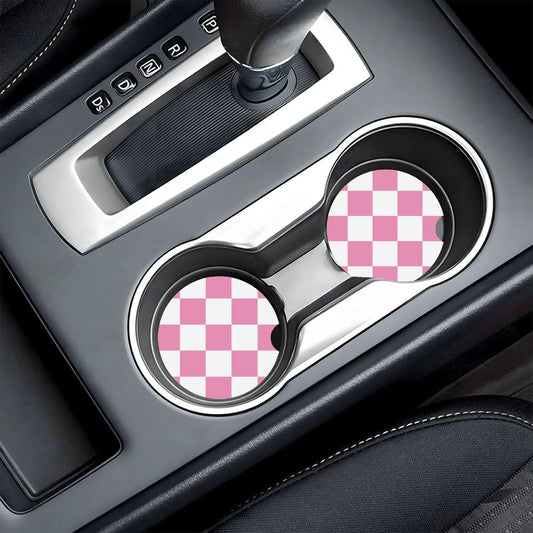 White & Pink Checkered Ceramic Coasters - Set of 2