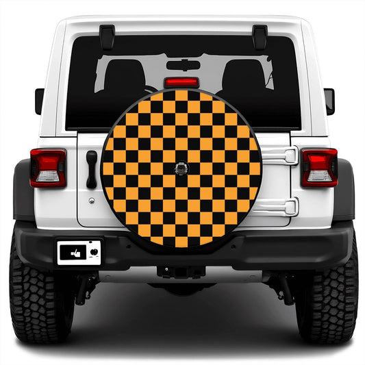 Black & Orange Checkered Spare Tire Cover with Camera Hole