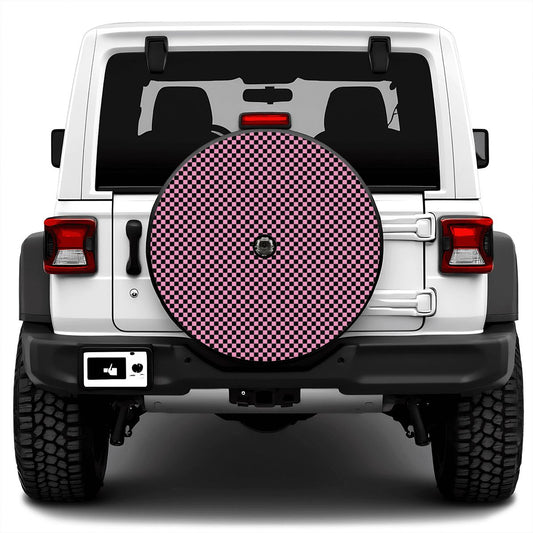 Black & Pink Mini Checkered Spare Tire Cover with Camera Hole