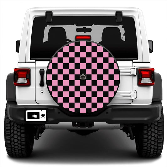 Black & Pink Checkered Spare Tire Cover with Camera Hole