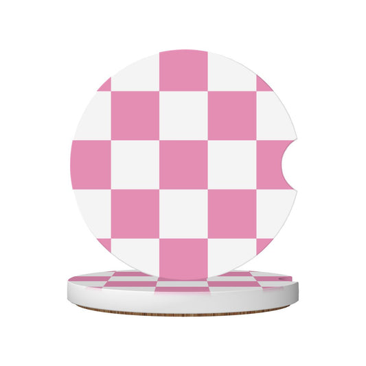 White & Pink Checkered Ceramic Coasters - Set of 2