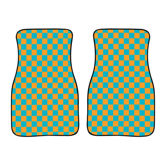 Blue & Orange Checkered Car Mats - Set of 2 - Front