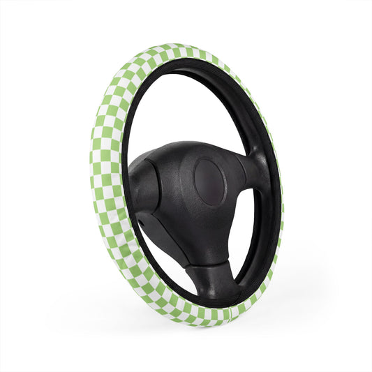 White & Green Checkered Steering Wheel Cover