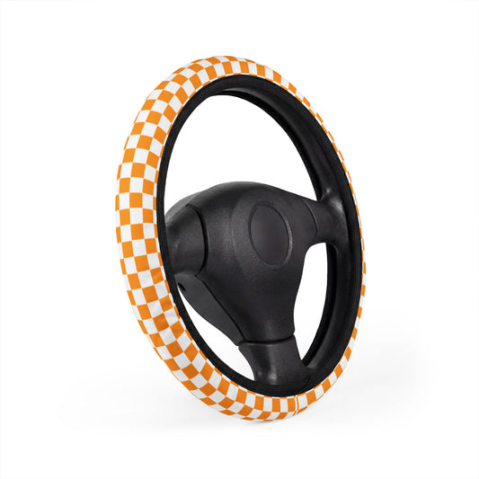 White & Orange Checkered Steering Wheel Cover