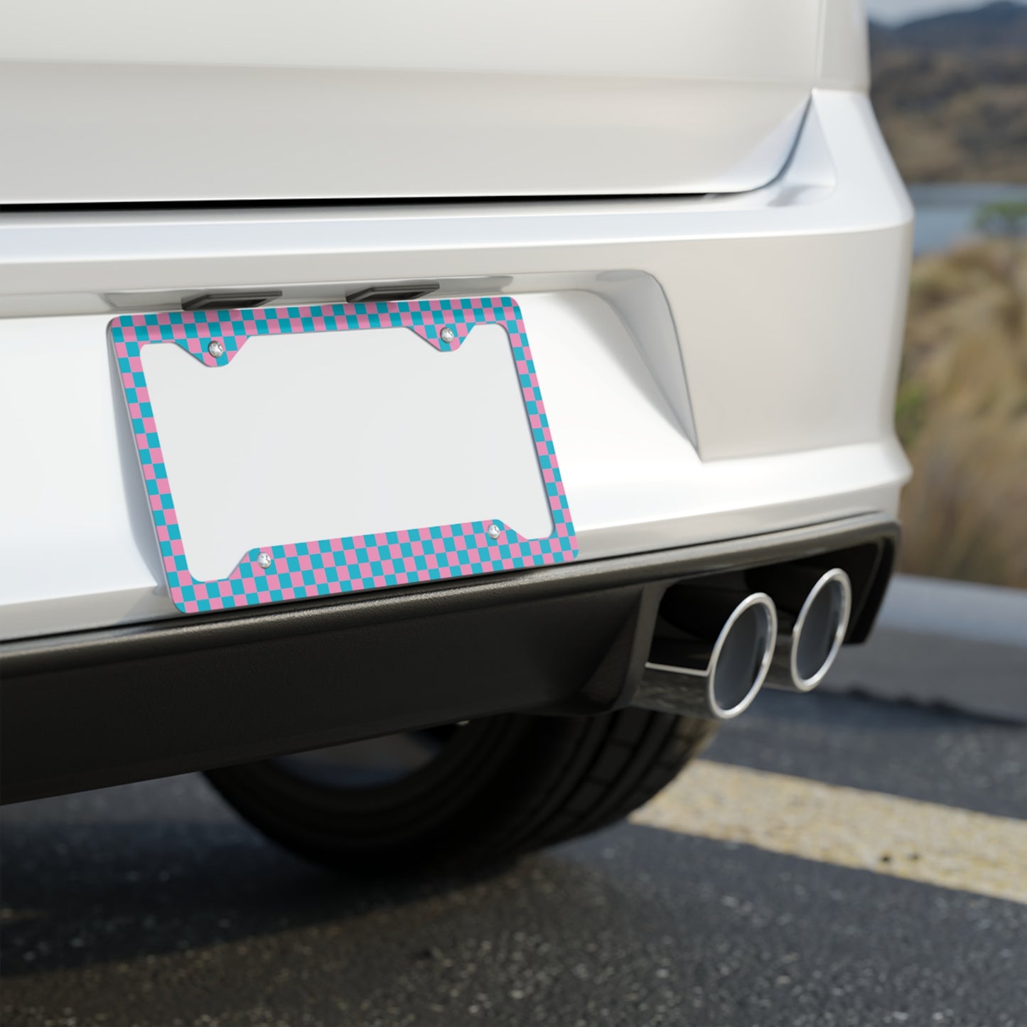 Pink & Blue Checkered Metal License Plate Frame