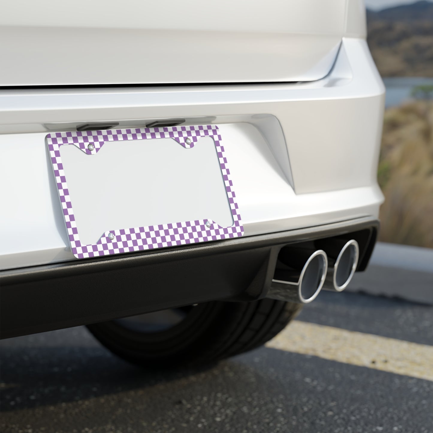 White & Purple Checkered Metal License Plate Frame