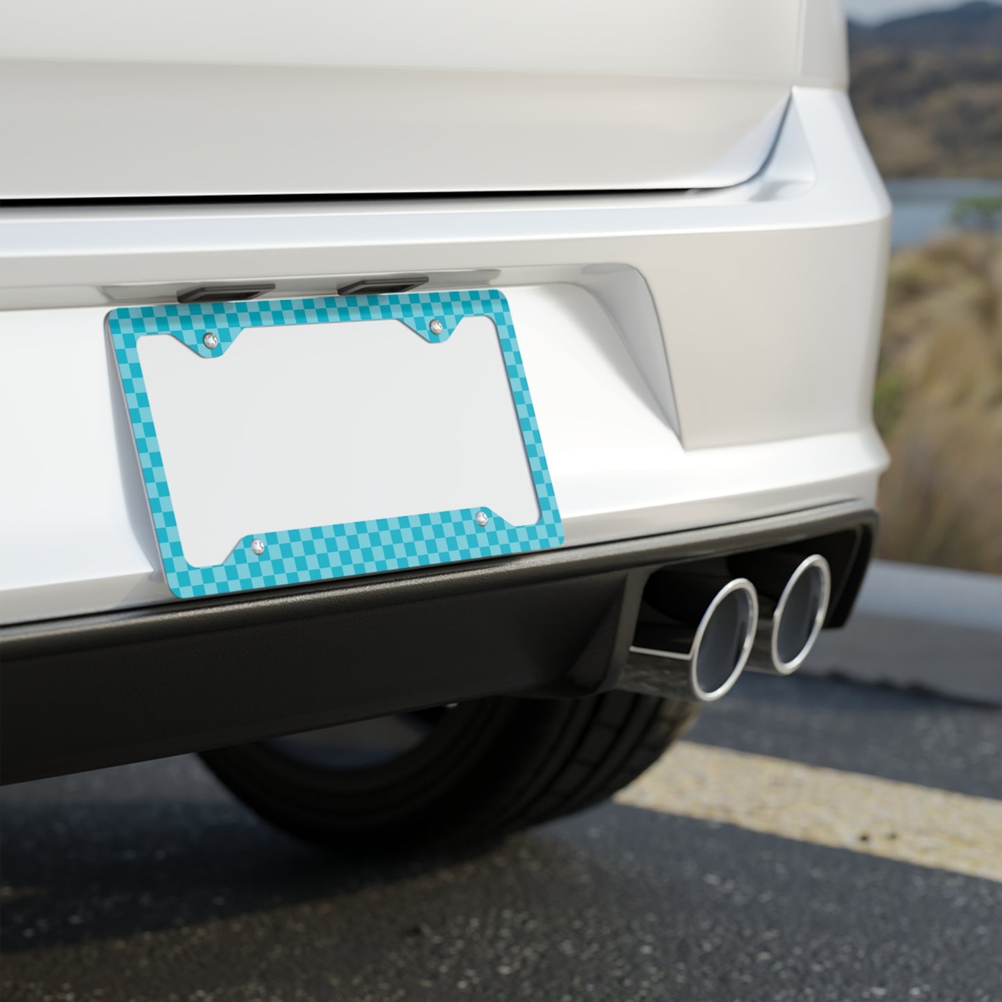 Blue Checkered Metal License Plate Frame