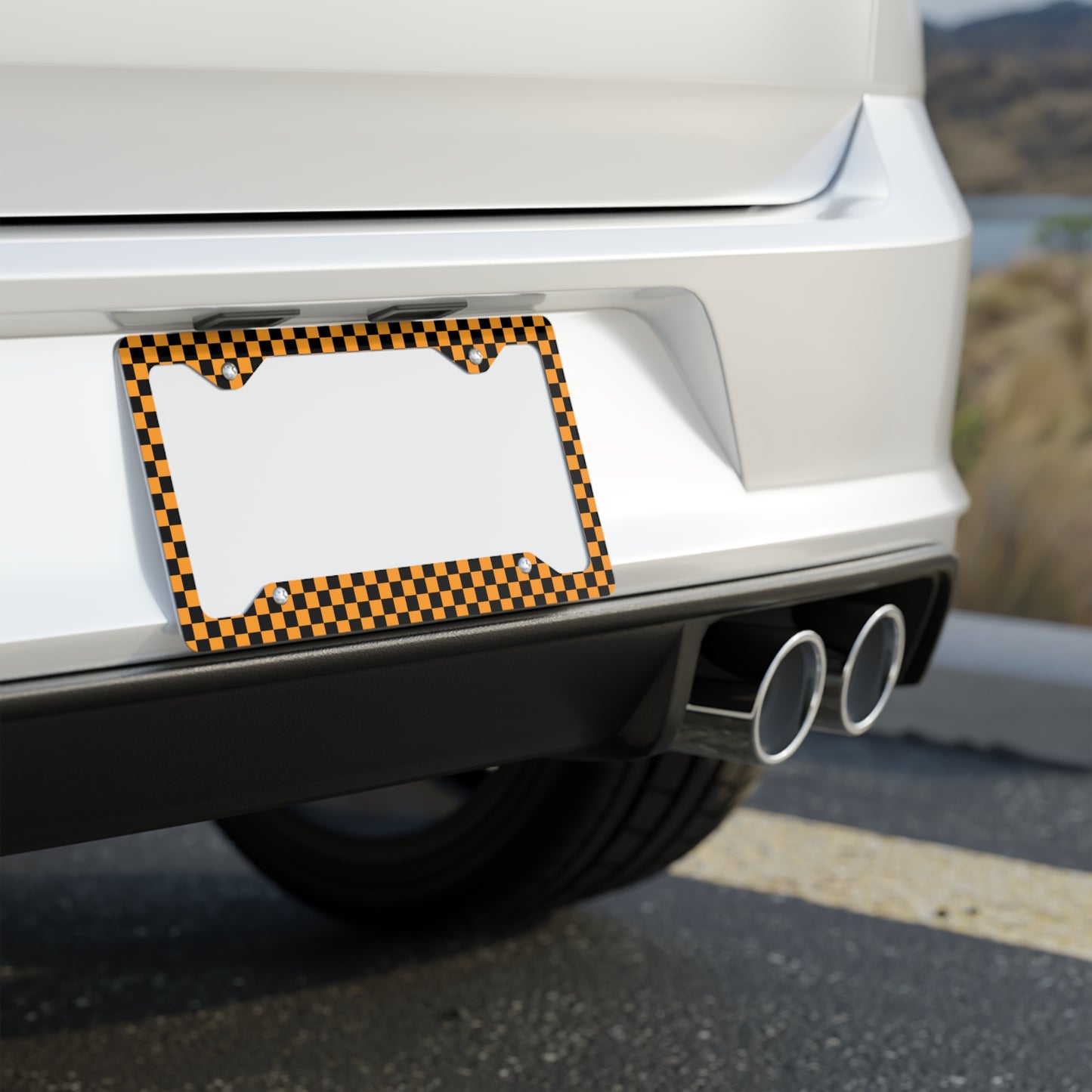 Black & Orange Checkered Metal License Plate Frame