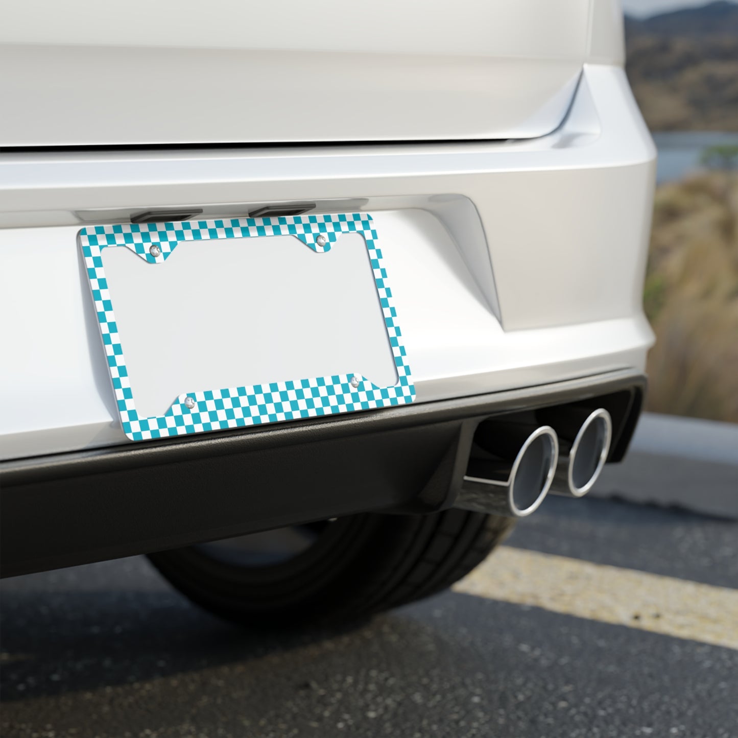 White & Blue Checkered Metal License Plate Frame