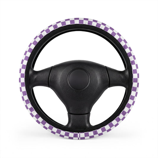 White & Purple Checkered Steering Wheel Cover