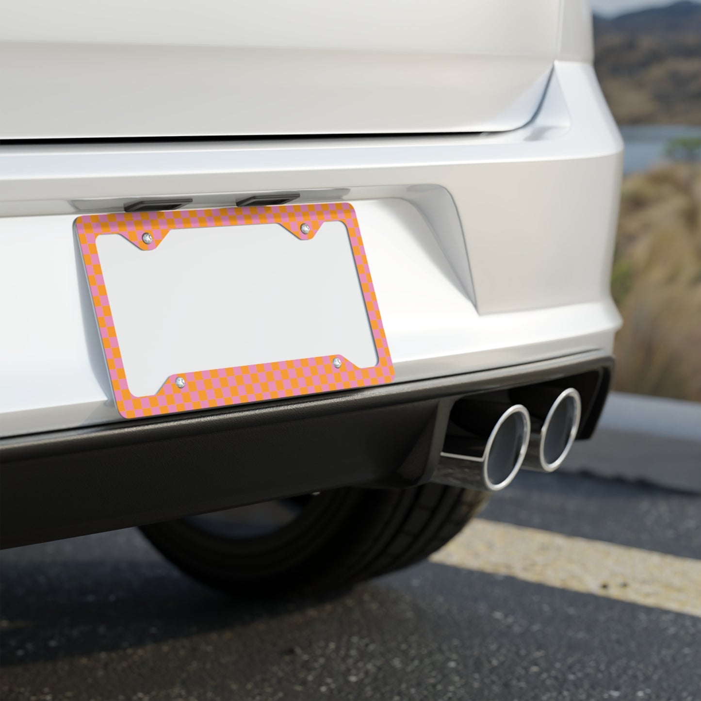 Pink & Orange Checkered Metal License Plate Frame