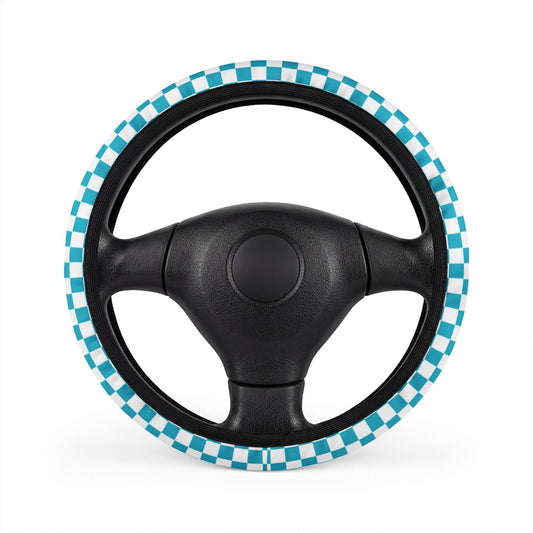 White & Blue Checkered Steering Wheel Cover