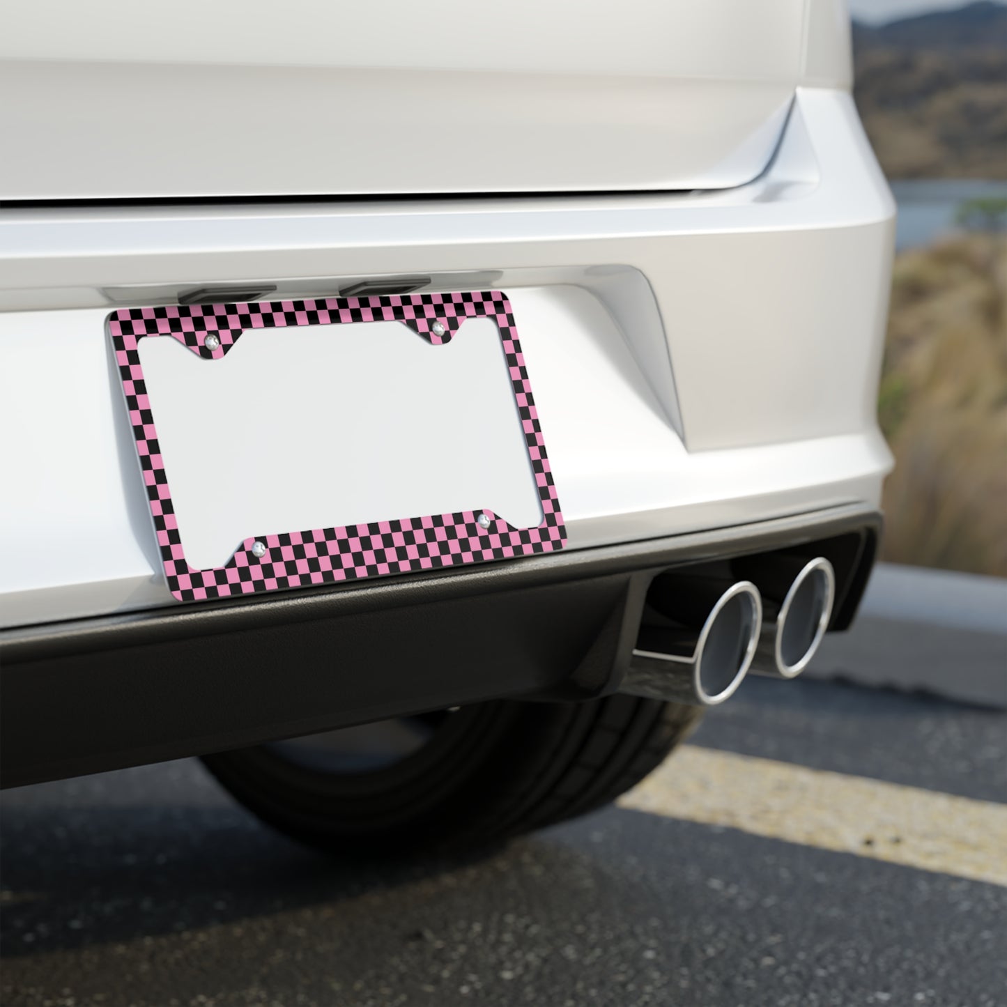 Black & Pink Checkered Metal License Plate Frame