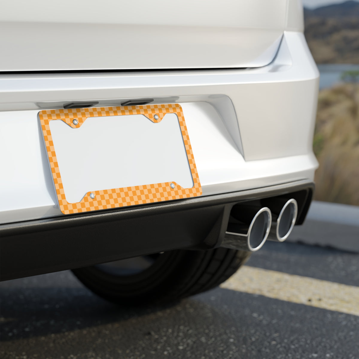 Orange Checkered Metal License Plate Frame