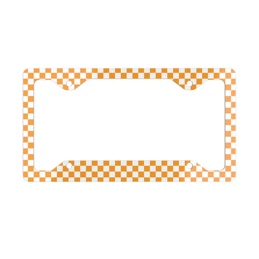 White & Orange Checkered Metal License Plate Frame