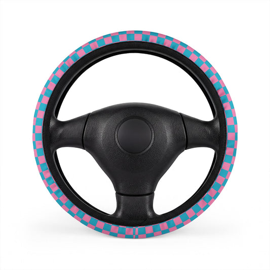 Pink & Blue Checkered Steering Wheel Cover