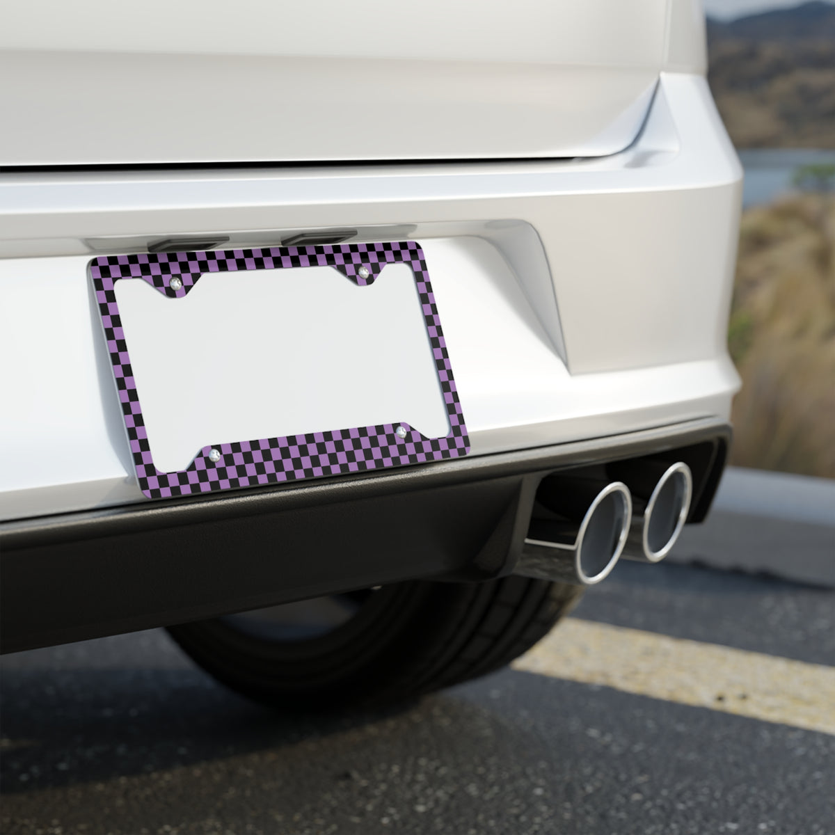 Black & Purple Checkered Metal License Plate Frame