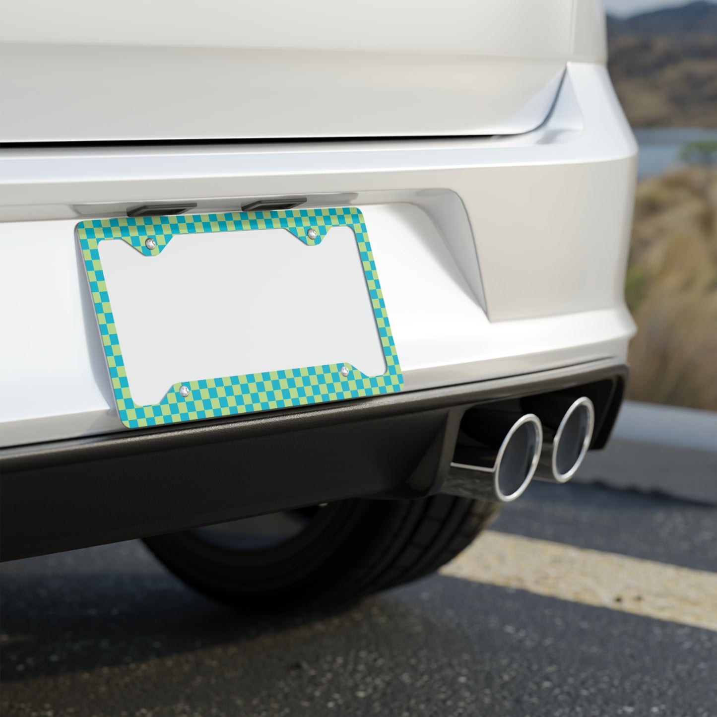 Blue & Green Checkered Metal License Plate Frame