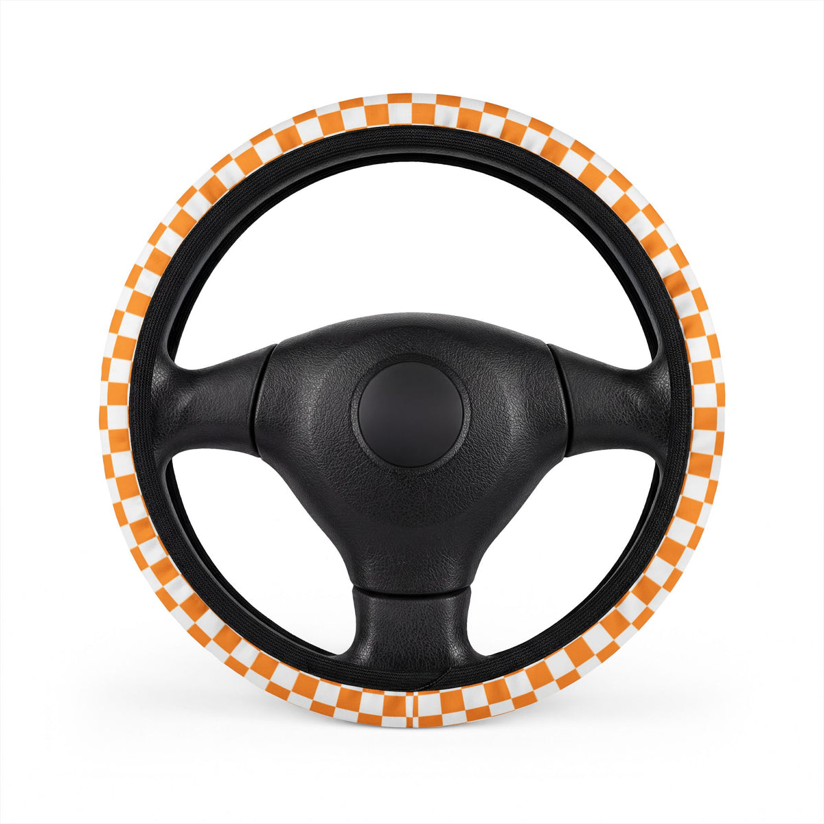 White & Orange Checkered Steering Wheel Cover