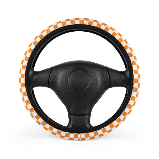 White & Orange Checkered Steering Wheel Cover