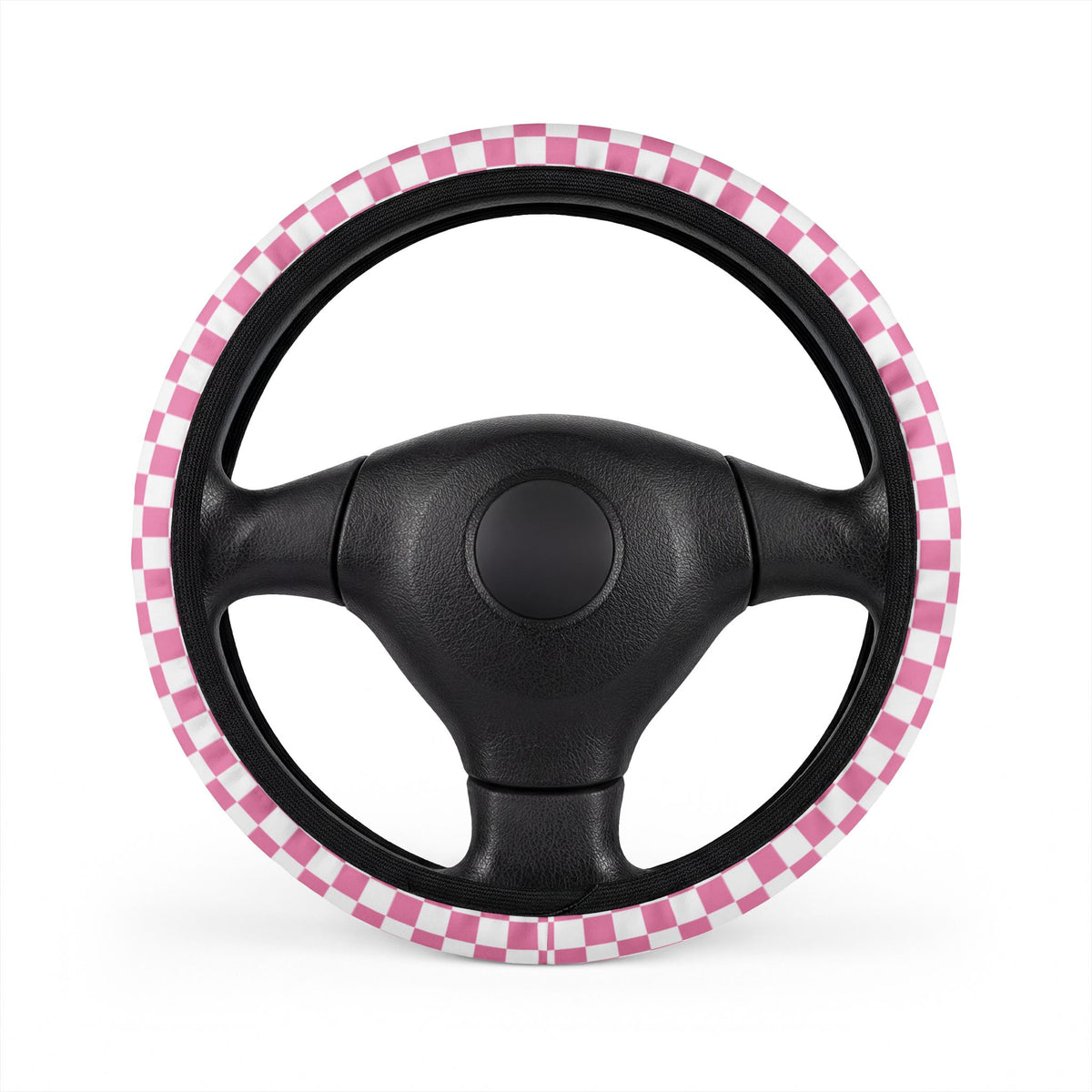 White & Pink Checkered Steering Wheel Cover