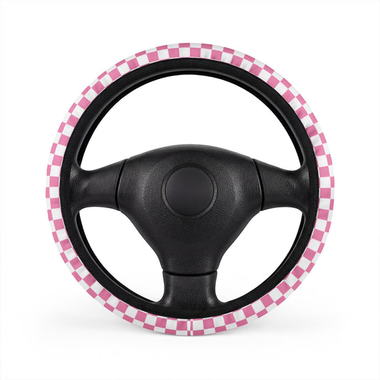 White & Pink Checkered Steering Wheel Cover
