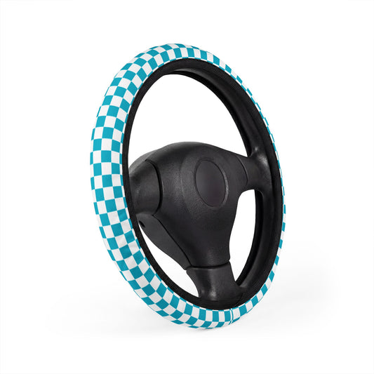 White & Blue Checkered Steering Wheel Cover