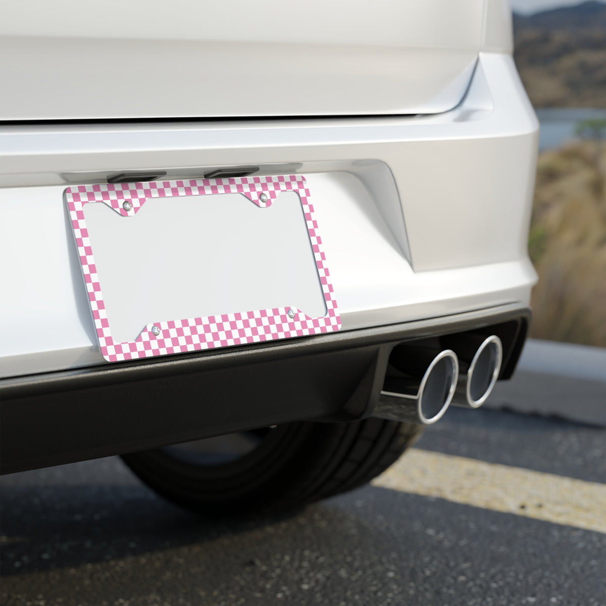 White & Pink Checkered Metal License Plate Frame