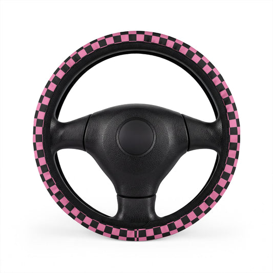 Black & Pink Checkered Steering Wheel Cover