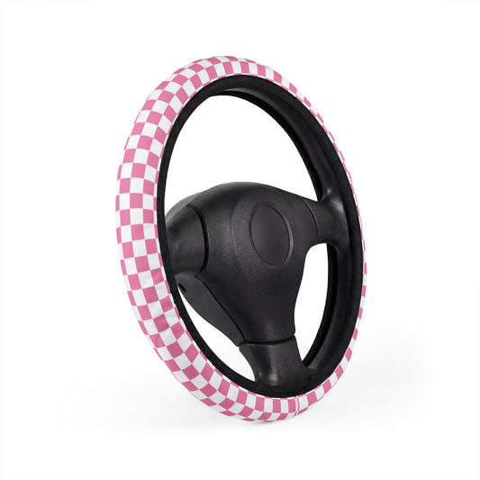 White & Pink Checkered Steering Wheel Cover
