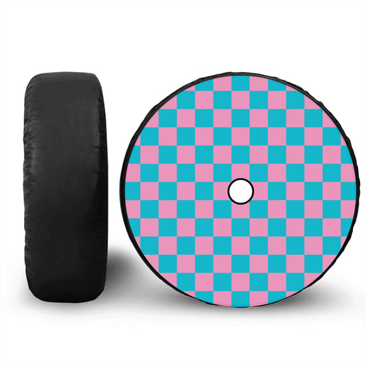 Pink & Blue Checkered Spare Tire Cover with Camera Hole