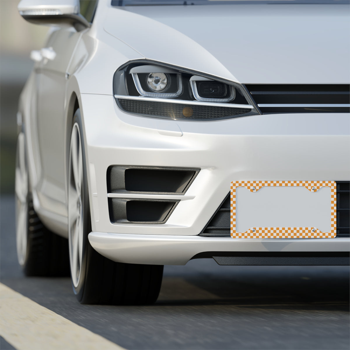 White & Orange Checkered Metal License Plate Frame