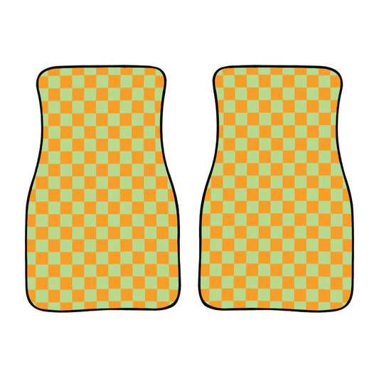 Orange & Green Checkered Car Mats - Set of 2 - Front