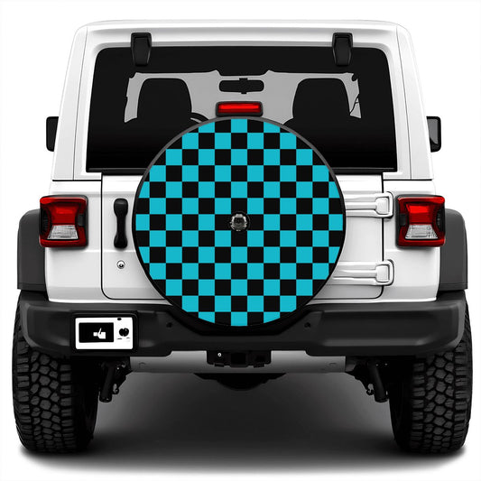 Black & Blue Checkered Spare Tire Cover with Camera Hole
