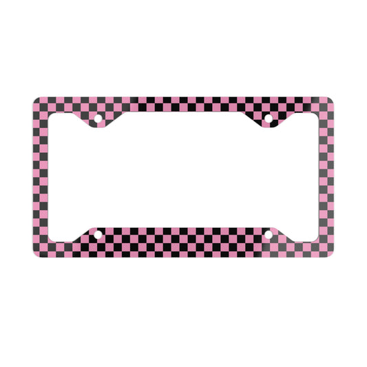 Black & Pink Checkered Metal License Plate Frame