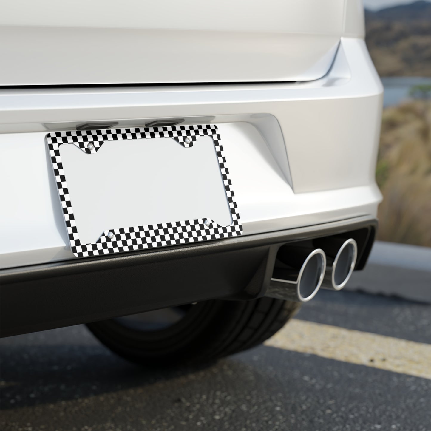 Black & White Checkered Metal License Plate Frame
